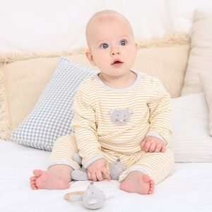 A yellow and white striped baby grow with a crochet mouse motif