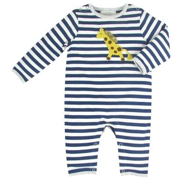 A bold blue and white striped baby grow with a crochet giraff motif