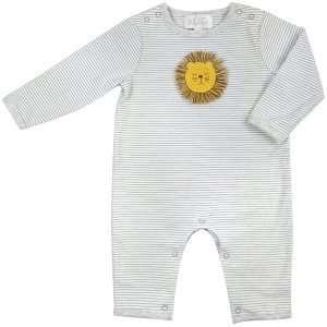 A cotton grey and white baby grow with a crochet lion motif