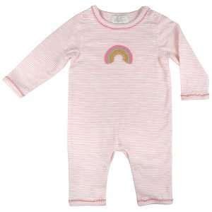 A pink and white striped cotton baby grow with a crochet rainbow motif