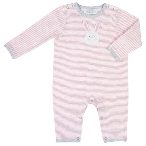A pink and white striped cotton baby grow with grey trim and a crochet rabbit motif