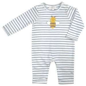A cotton blue and white stripe baby grow with a crochet bee motif