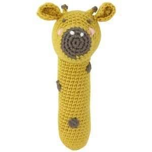 A crochet giraffe stick rattle