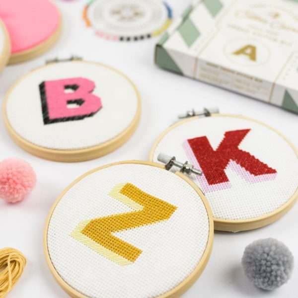 A fantastic kit with all of the materials and instructions to make an alphabet shadow cross stitch in a circular band to hang on a wall. Choose the letter from the templates along with the threads to select your colour of choice.