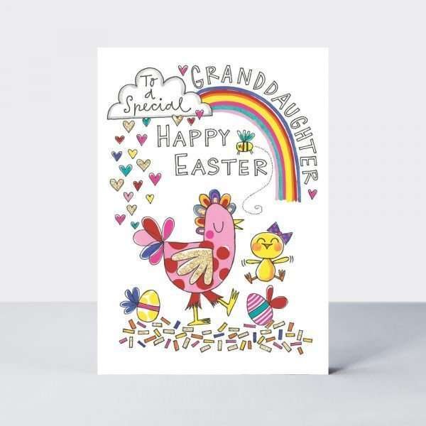 A sweet Easter card to a special Granddaughter featuring a pretty rainbow and chick design with a Happy Easter caption