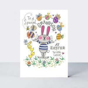 A sweet Easter card to a special Grandson featuring a lovely bunny and egg design. To a special grandson at Easter with love