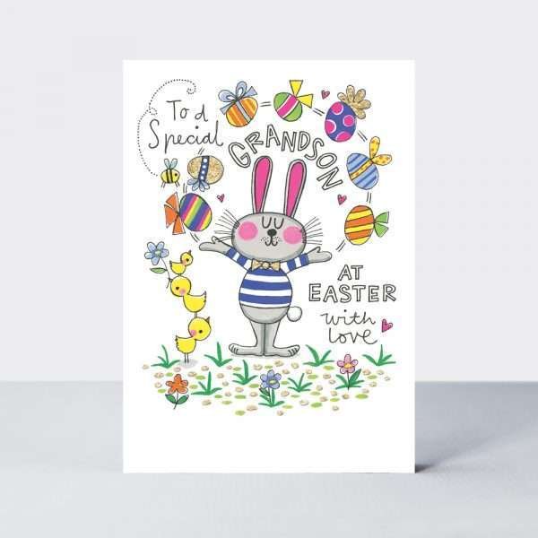 A sweet Easter card to a special Grandson featuring a lovely bunny and egg design. To a special grandson at Easter with love