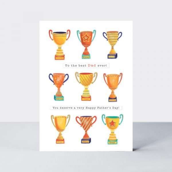 A Father's day card with lots of brightly coloured trophies and the caption To the best Dad ever, you deservea very Happy Father’s Day!