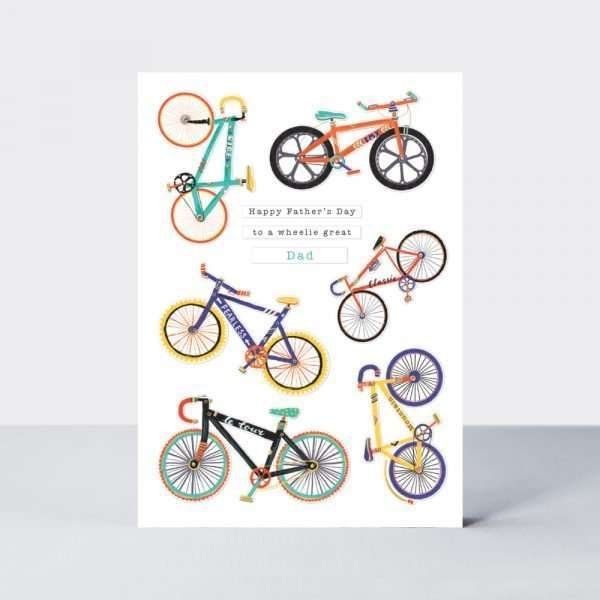 A father's day card with bold contemporary illustrations of 6 different bicycles and the caption Happy Father’s Day to a wheelie great Dad!