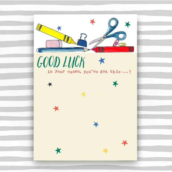 A lovely card with an image of pencils crayons, rubbers, paperclips and scissors on it. There are stars in the background and the words Good Luck in your exams, You've got this printed on it.