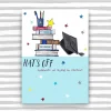 A lovely card with an image of a pile of books, a pen pot and a motar board. The words Hats off Congrats on being so clever printed on it.