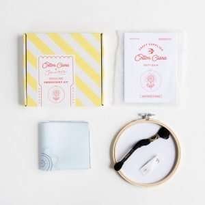 A lovely embroidery kit with mint coloured material with all of the materials, needles, threads and pattern to make this lovely wall hanging.