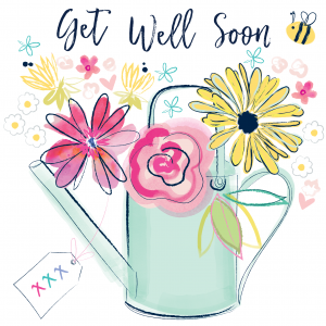 A get well soon card with a watering can filled with vibrant flowers. Get Well Soon