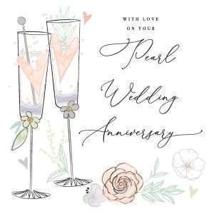 A pearl anniversary card with 2 champagne glasses
