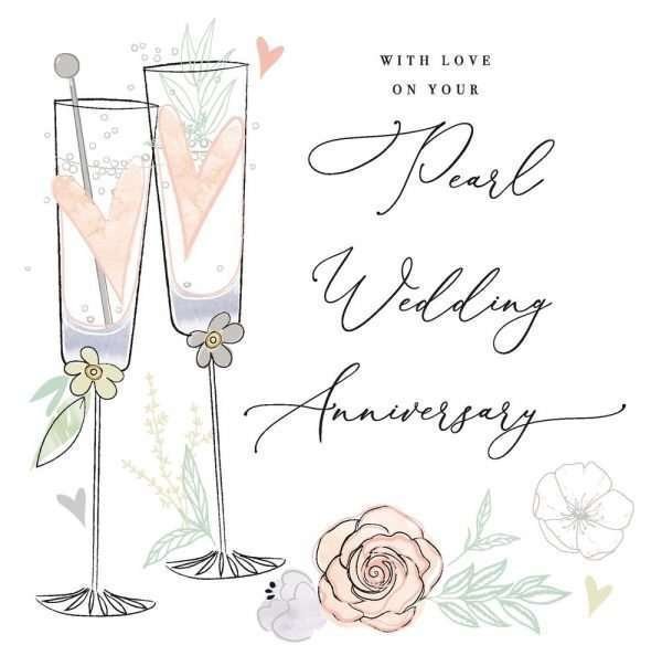 A pearl anniversary card with 2 champagne glasses