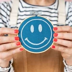 A sweet embroidery kit with a wooden embroidery hoop frame. The kit comes in mustard or navy and has step by step instructions on how to create this lovely wall hanging.