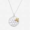 A lovely sterling silver necklace with a honeycomb design enhanced with a gold plated bumble bee design. On an adjustable silver chain link necklace.