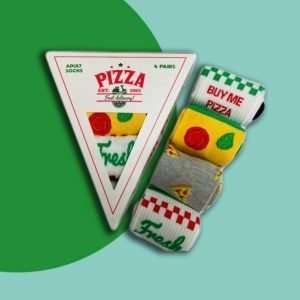 A set of 4 pairs of socks all with a pizza theme printed onto them and presented in a pizza shaped box with the wording wood fired pizza printed on it.