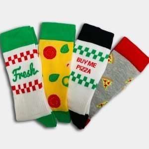 A set of 4 pairs of socks all with a pizza theme printed onto them and presented in a pizza shaped box with the wording wood fired pizza printed on it.