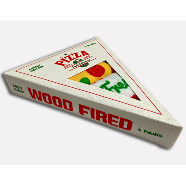 A set of 4 pairs of socks all with a pizza theme printed onto them and presented in a pizza shaped box with the wording wood fired pizza printed on it.