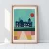 A print of saltwell towers. the building is in silhouette against a geometric background. A3 print