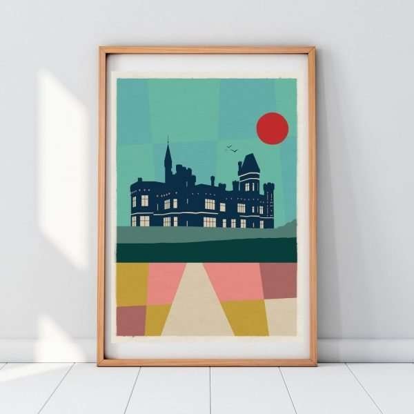 A print of saltwell towers. the building is in silhouette against a geometric background. A3 print