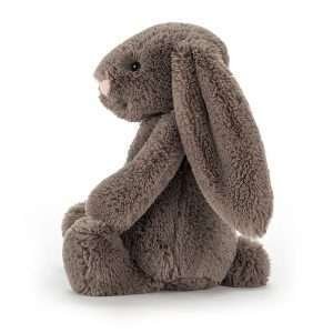 A sweet truffle bunny small from the Bashful range by Jellycat. With mocha coloured fur and a sweet pink nose, truffle bunny has big floppy ears and a cute bobtail.