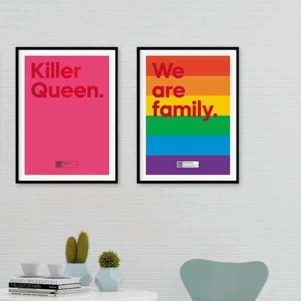 A pink print with the words Killer Queen printed in a red shimmer effect and with a QR code on the bottom of it that allows you to play the song on a Smart phone.