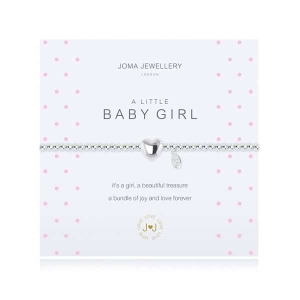 A Little Baby Girl Joma Bracelet. A silver bracelet with silver heart charm with a pink crystal. The bracelet comes presented on a card that reads " A Little Baby Girl. It’s a girl, a beautiful treasure a bundle of joy and love forever"
