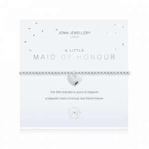 A Little Maid of Honour Joma Bracelet. A silver plated bracelet with a silver heart charm presented on a white card printed with the sentiment This little bracelet is yours to treasure, a beautiful maid of honour and friend forever