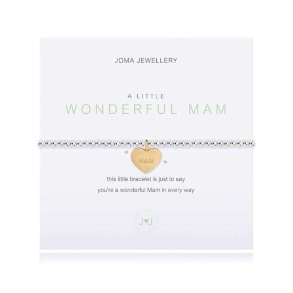 A little wonderful Mam Joma bracelet. A silver plated bracelet with a gold plated heart charm engraved with MAM. The bracelet is presented on a card that reads A little wonderful Mam and the sentiment "This little bracelet is just to say you're a wonderful Mam in every way"