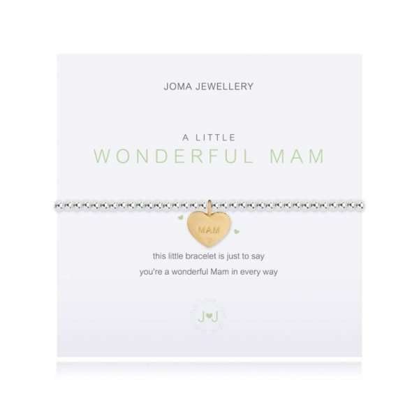 A little wonderful Mam Joma bracelet. A silver plated bracelet with a gold plated heart charm engraved with MAM. The bracelet is presented on a card that reads A little wonderful Mam and the sentiment "This little bracelet is just to say you're a wonderful Mam in every way"