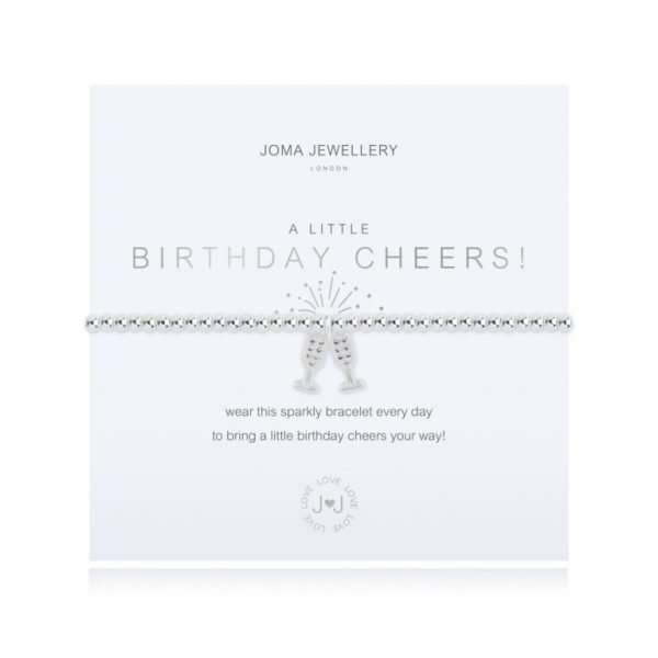 A little birthday cheers joma bracelet. A silver plated bracelet with silver toasting glasses charm on a white card printed with a little birthday cheers - wear this little bracelet every day to bring birthday cheers your way