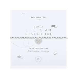 A little life is an adventure bracelet in silver plate with a silver heart charm stamped with an aeroplane. The bracelet is on a white card printed with A little life is an adventure - This little charm is just to say life is an adventure in every way