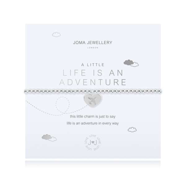 A little life is an adventure bracelet in silver plate with a silver heart charm stamped with an aeroplane. The bracelet is on a white card printed with A little life is an adventure - This little charm is just to say life is an adventure in every way