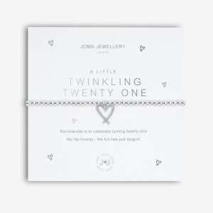 A little twinkling twenty one silver plated bracelet with a diamante heart charm on a card printed with the sentiment his bracelet is to celebrate turning twenty-one, hip hip hooray – the fun has just begun!