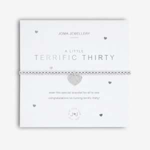 A little "Terrific Thirty" silver plated bracelet with a dimante heart charm. Presented on a card printed with the sentiment Wear this little bracelet for all to see, congratulations on turning terrific thirty!