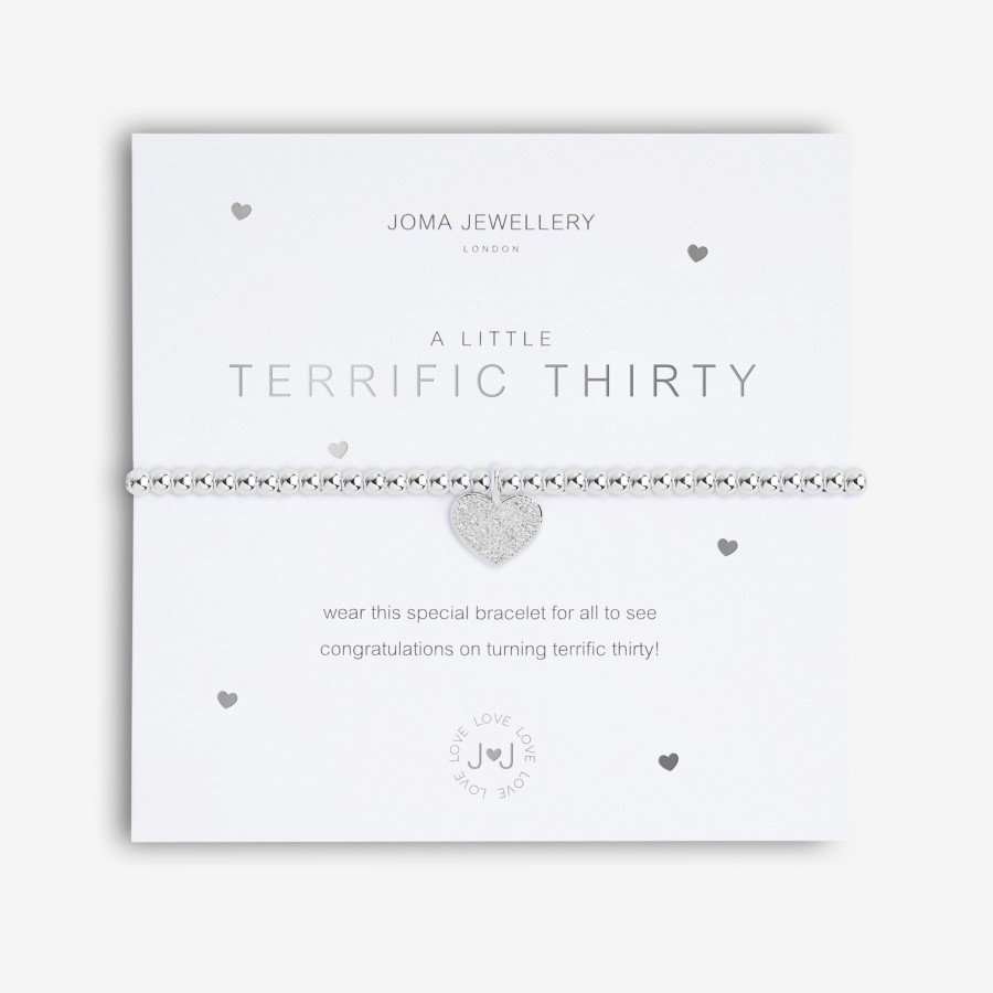 A little "Terrific Thirty" silver plated bracelet with a dimante heart charm. Presented on a card printed with the sentiment Wear this little bracelet for all to see, congratulations on turning terrific thirty!