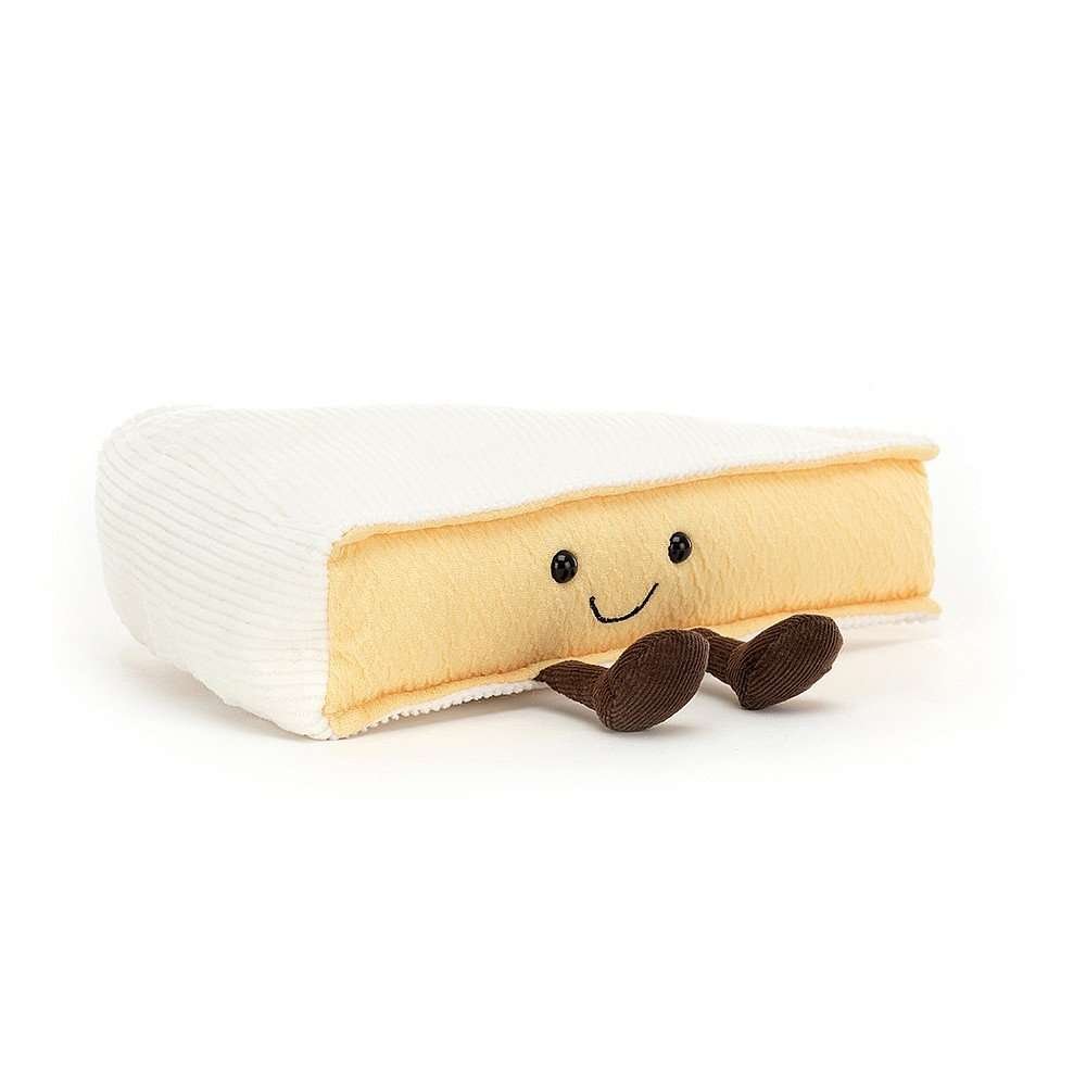 Jellycat Amuseable Brie soft toy. A cute slice of brie cheese soft toy with corduroy crust and fluffy soft interior and a cute smily face and dangly brown legs