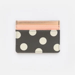Charcoal spot card holder. A grey and white spotty card holder with a rose gold trim