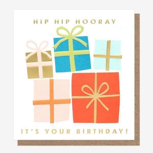 Hip Hip Hooray Birthday Card by Caroline Gardner with lots of brightly coloured birthday gifts and the caption in gold foil. Hip Hip Hooray It's your birthday