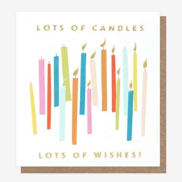 Lots of candles birthday card from Caroline Gardner. With lots of brightly coloured candles and the caption in gold Lots of candles Lots of wishes