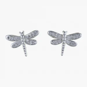 Sterling silver dragonfly stud earrings with tiny cubic zirconia crystals