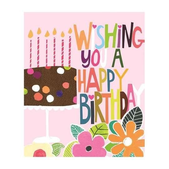 Wishing you a happy birthday neon bright birthday card with a birthday cake, candles and flowers