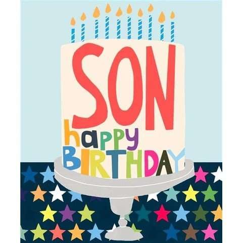 A bright fun birthday card for your son with a big birthday cake, neon stars and candles
