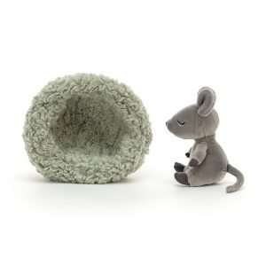 Jellycat Hibernating Mouse. A little grey mouse sleeping in a furry nest. The mouse and nest separate.