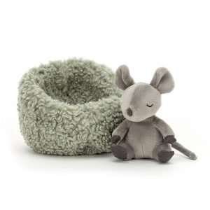 Jellycat Hibernating Mouse. A little grey mouse sleeping in a furry nest. The mouse and nest separate.