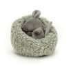 Jellycat Hibernating Mouse. A little grey mouse sleeping in a furry nest. The mouse and nest separate.