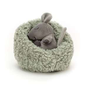 Jellycat Hibernating Mouse. A little grey mouse sleeping in a furry nest. The mouse and nest separate.