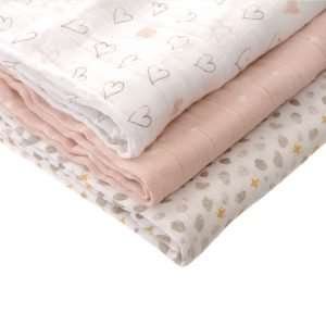 A set of three boxed pink hearts and stars muslin cloths from Ziggle.